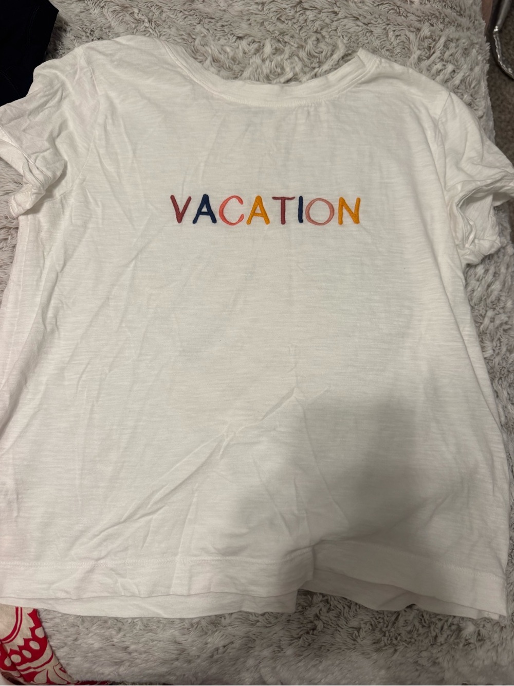 LOFT White Short Sleeve Tee with Multicolor 'VACATION' Embroidery